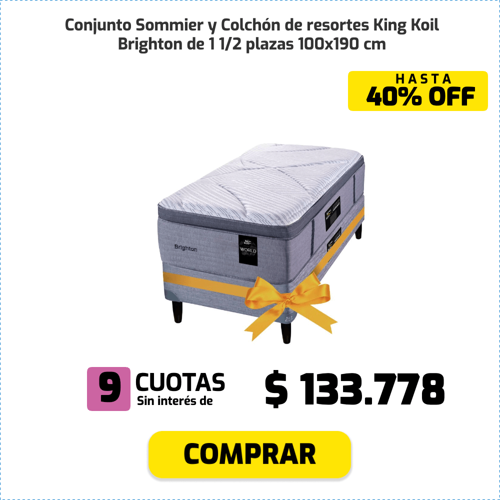 Conjunto Sommier y Colchón de resortes King Koil Brighton de 1 1/2 plazas 100x190 cm HASTA 40% OFF 9 CUOTAS Sin interés de $ 133.778 COMPRAR